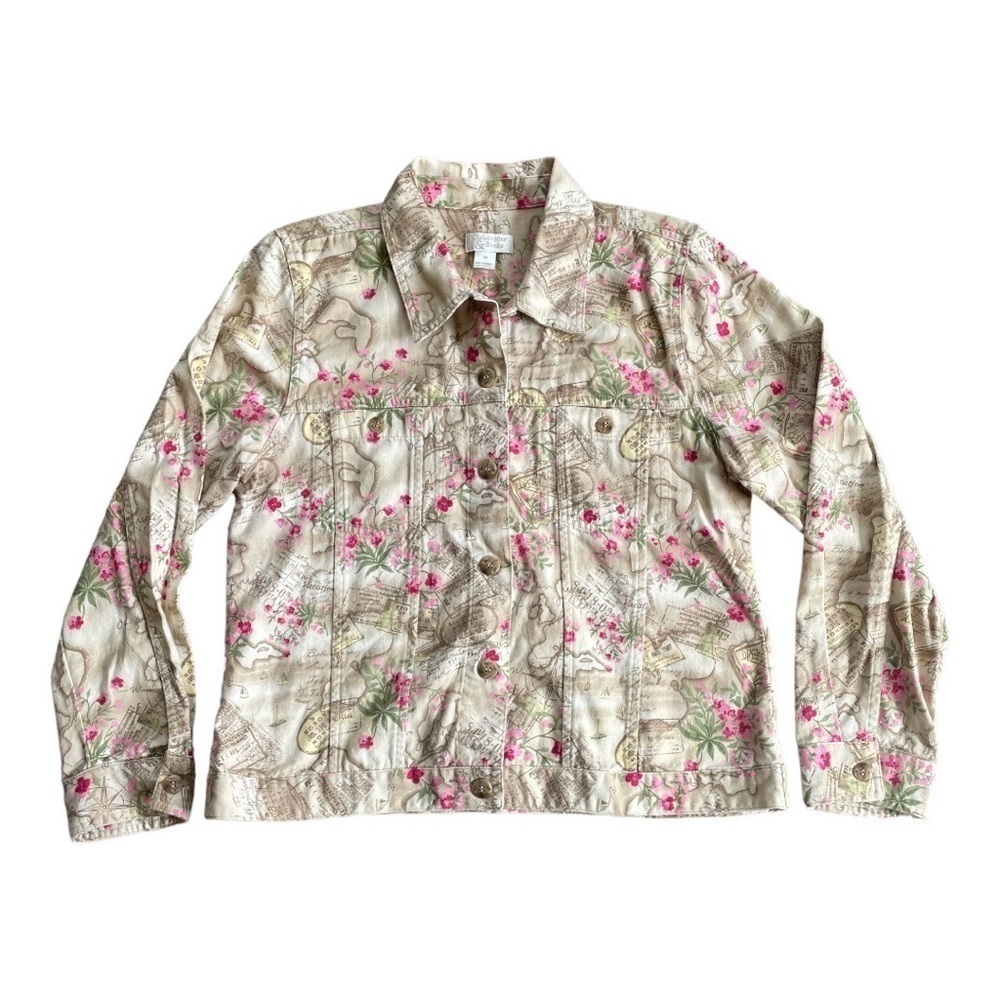 Christopher & Banks Travel Passport Floral Map Collared Button Up Shirt | Med